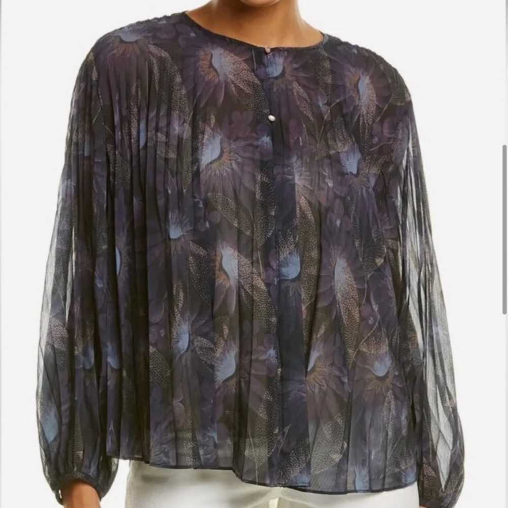 Price Firm New Vince Lazuli Deco Floral Pleated Blouse Size Xxl